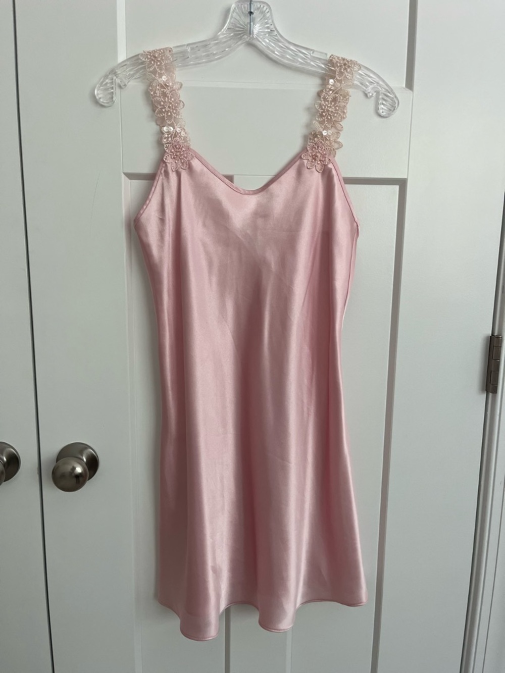 Vintage Pink Satin Slip Dress Lace Strap Fairycore Coquette Y2K Lingerie S EUC